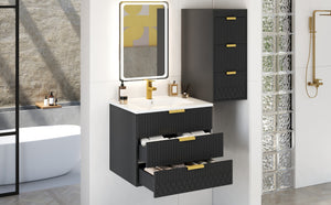 English Elm 24inch Bathroom Vanity with Sink - Wall-Mounted Floating Combo with Ceramic Basin, Modern L-Handle Design Black N710S324097B