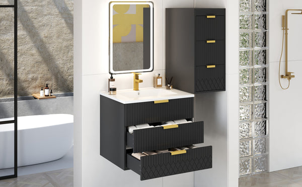 English Elm 24inch Bathroom Vanity with Sink - Wall-Mounted Floating Combo with Ceramic Basin, Modern L-Handle Design Black N710S324097B