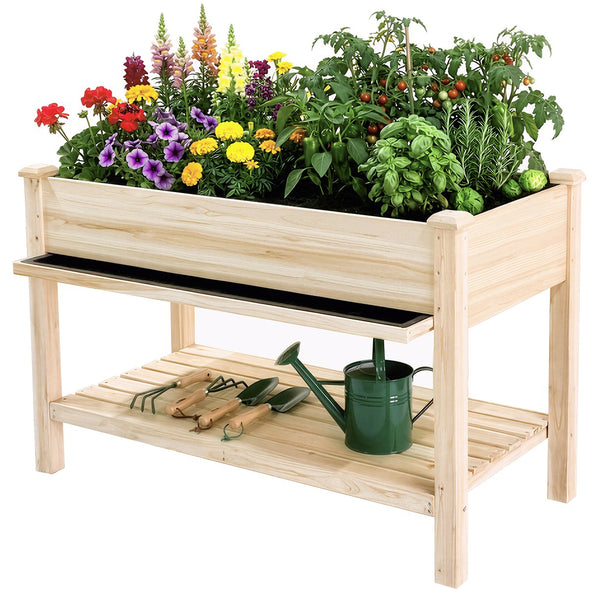 English Elm Raised Wood Planter Bed Counter Height Ergonomic Design with Drainage Tray and Tool Shelf W3166P444935