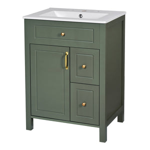English Elm 24-Inch Bathroom Vanity with Ceramic Sink, Soft-Close Door & Drawers, Gold Handles, Durable Wood Elegance Green N729P192078F