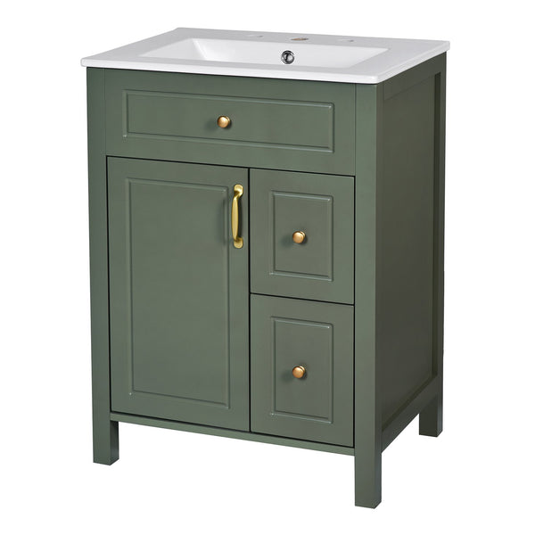 English Elm 24-Inch Bathroom Vanity with Ceramic Sink, Soft-Close Door & Drawers, Gold Handles, Durable Wood Elegance Green N729P192078F