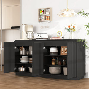 English Elm Black Fluted Wave Door Media Console with Built-in Power Outlet and Adjustable Shelving Black W409P452057