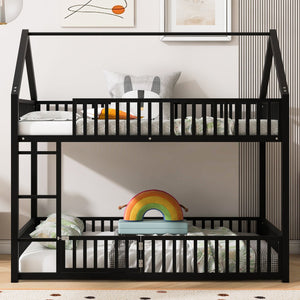 English Elm Metal Twin over Twin House Bunk Bed with Playful Roof, Sturdy Metal Frame, Quiet Support for Kids Black N709P214091B