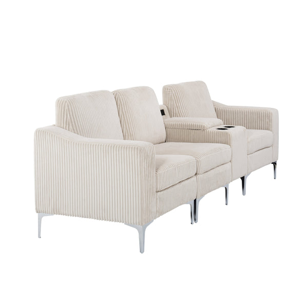 English Elm Convertible Sectional Sofa - Modern Corduroy 3-Seater With Cupholders & Usb For Ultimate Comfort W3098S00030