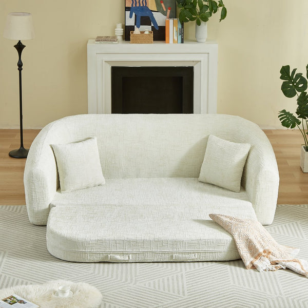 English Elm 87-inch Curved Chenille Convertible Sofa Recliner Bed with Pull-out Base for Living Room Beige W3505P452804