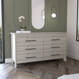 English Elm Double Six-Drawer Dresser with Metal Gliders and Pulls, Engineered Wood, Compact 31.7" Height Light Gray 35 L x 22 W x 7 H B097S00103