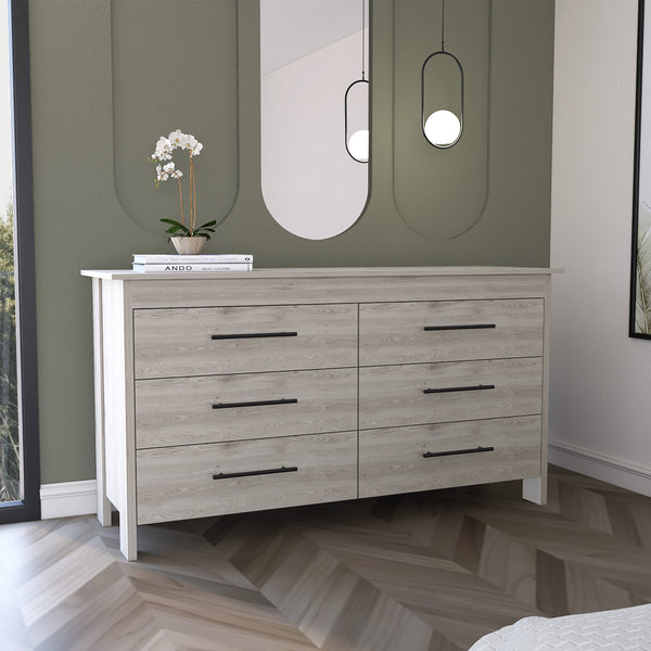 English Elm Double Six-Drawer Dresser with Metal Gliders and Pulls, Engineered Wood, Compact 31.7" Height Light Gray 35 L x 22 W x 7 H B097S00103