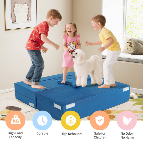 English Elm 5-piece Modular Foam Play Couch Velvet Toddler Sofa Foldable Kids Playroom Set Blue T5880P493435