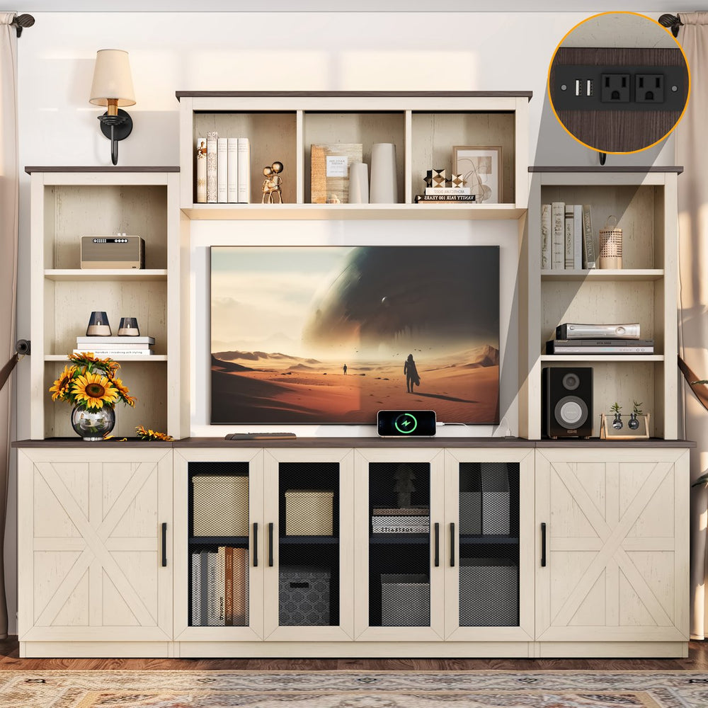 English Elm Wall Unit Entertainment Center with Built in Charging Mdf Media Console Open Shelving Beige W1580S00436