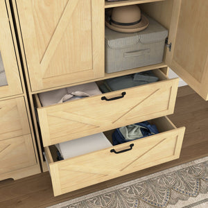 English Elm 2 Door Wardrobe Closet with Full Length Mirror Motion Light Hanging Rod and Drawers Natural W409P266780