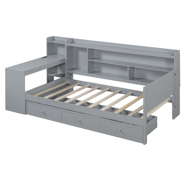English Elm Twin Size Multifunctional Wooden Daybed With Usb Ports, Desk & 3 Storage Drawers In Gray Finish N820S00017E-GIGA