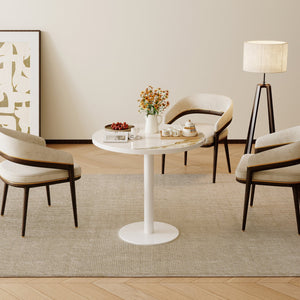 English Elm Round Tulip Bistro Table Faux Marble Top Gold Pedestal Base for Small Dining Spaces W3316P457296