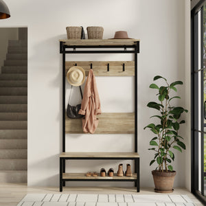 English Elm Westmont Industrial Entryway Hall Tree Bench with Mango Wood, Metal Frame, 4 Hooks, Shelf, 75"H B136P284182