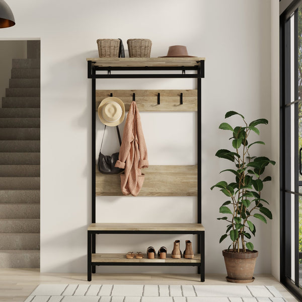 English Elm Westmont Industrial Entryway Hall Tree Bench with Mango Wood, Metal Frame, 4 Hooks, Shelf, 75"H B136P284182