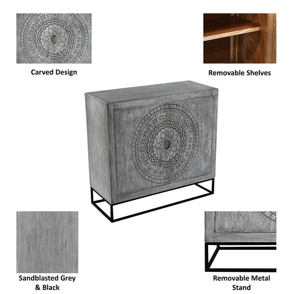 English Elm Zera Handcrafted 39" Accent Cabinet – Sandblasted Gray Mango Wood, Medallion Doors, Iron Stand B056P390833