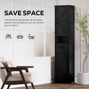 English Elm 69" Tall Bathroom Storage Cabinet with Barn Doors and Drawer, Slim 7-Shelf Floor Unit for Small Spaces Black W3457P336684