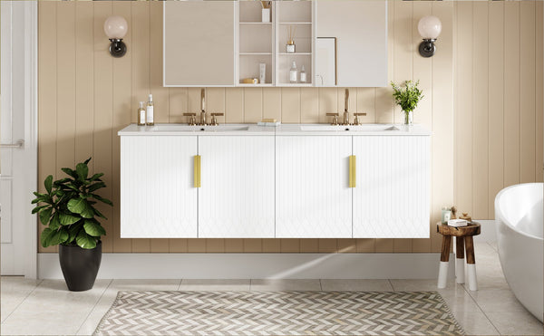 English Elm 60" Vintage Bathroom Vanity with Ceramic Sink Wall-Mount Modern Striped Design Durable MDF Wood Finish White N710SS00010K