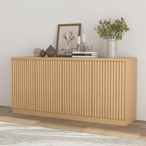 English Elm Buffet Credenza with Four Door Enclosed Shelving Natural Wood Finish Dining Hallway W409P327404