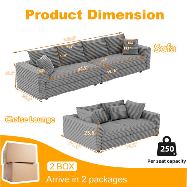 English Elm 102.4 Inch Plush Corduroy Cloud Sofa Deep Seat Four Person Convertible Lounge for Living Room Grey W1885S00269