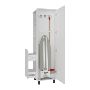 English Elm Aleneva Slim White Broom Cabinet with Open Shelves and Drawer for Utility Rooms B097S00269