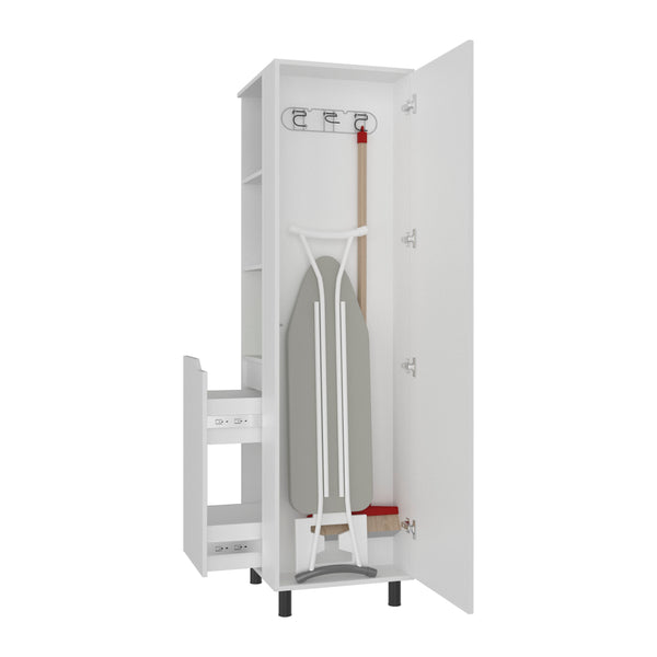 English Elm Aleneva Slim White Broom Cabinet with Open Shelves and Drawer for Utility Rooms B097S00269