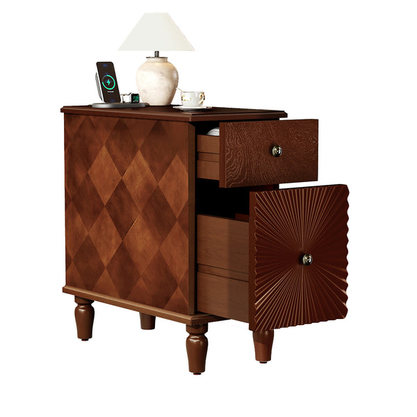 English Elm 2 Drawer Modern Sofa Side Table with Charging Station, Walnut Slim Nightstand with 2 AC/2 USB, 2 Drawers, Fully Assembled W2593P289143