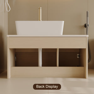 English Elm 31.5 Inch Wall Mounted Bathroom Vanity with Ceramic Vessel Sink and Soft Close Storage W3136S00079
