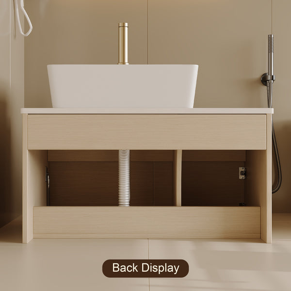 English Elm 31.5 Inch Wall Mounted Bathroom Vanity with Ceramic Vessel Sink and Soft Close Storage W3136S00079