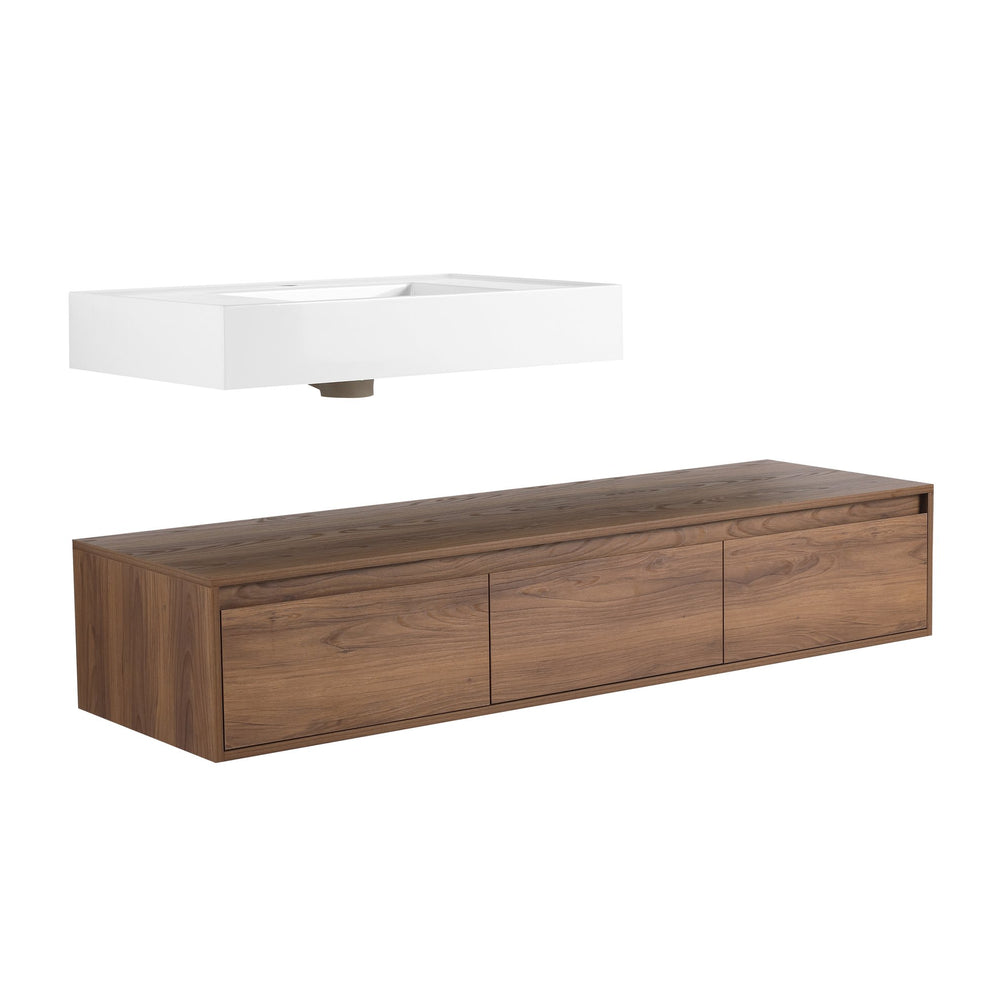 English Elm 60 Inch Wall-Mounted Bathroom Vanity Set With Resin Sink, Soft-Close Drawers, And Side Cabinet Space W999S00284