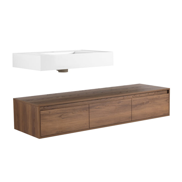 English Elm 60 Inch Wall-Mounted Bathroom Vanity Set With Resin Sink, Soft-Close Drawers, And Side Cabinet Space W999S00284