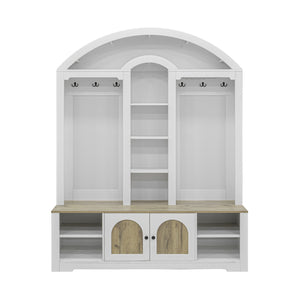 English Elm Multi-functional Hall Tree with Mdf Body Open Shelves Hooks and Scandinavian Two-tone Style White+Walnut SJ000158AAK