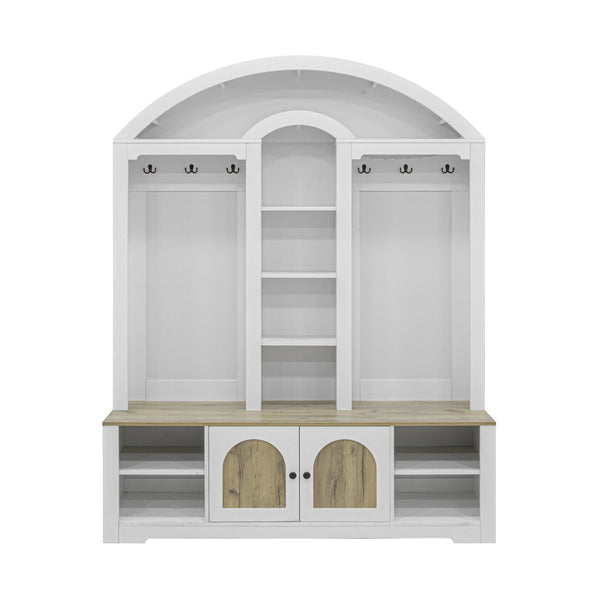 English Elm Multi-functional Hall Tree with Mdf Body Open Shelves Hooks and Scandinavian Two-tone Style White+Walnut SJ000158AAK