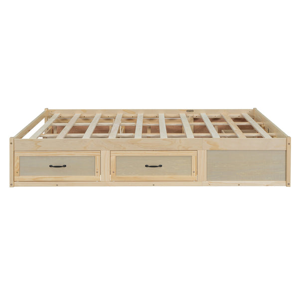 English Elm Queen Platform Bed with Six Storage Drawers Low Profile Frame for Modern Bedrooms Antique Natural N708P263022N-1
