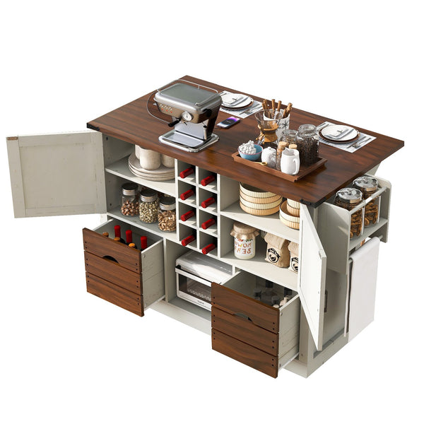 English Elm K&K 54" Farmhouse Kitchen Island Cart with Drop Leaf, Wine Rack, Power Outlet and Rolling Storage White N707P349814W