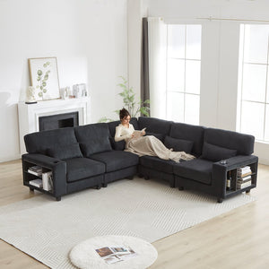 English Elm 102.75*102.75" L-Shaped Modular Sectional Sofa with Corduroy Upholstery, Storage Arm, Cup Holder, 5-Seat Convertible Lounge Black W1926S00052