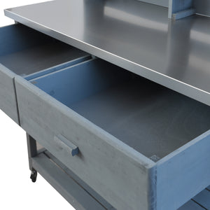 English Elm K&K 64.9" Outdoor Potting Bench with 1.2" Stainless Steel Top, Lockable Wheels, Hutch & Drawers Grey+Blue N707P228274G