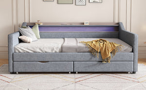 English Elm Twin Size Daybed With Smart Led Light, Usb Ports & 2 Storage Drawers - Modern Linen Sofa Frame W2336S00027-GIGA