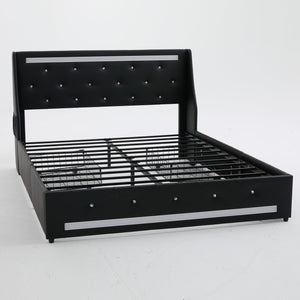 English Elm Queen Platform Bed Wingback Diamond Quilted Headboard Led Lighting Storage Drawers Black W5722P462684