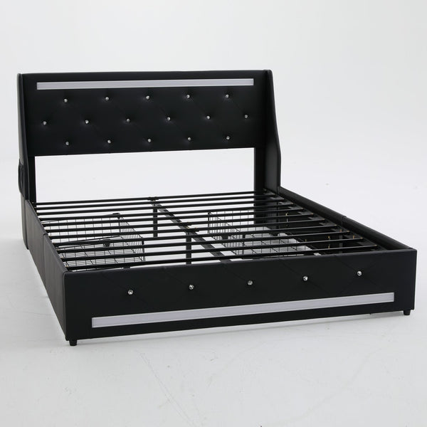 English Elm Queen Platform Bed Wingback Diamond Quilted Headboard Led Lighting Storage Drawers Black W5722P462684