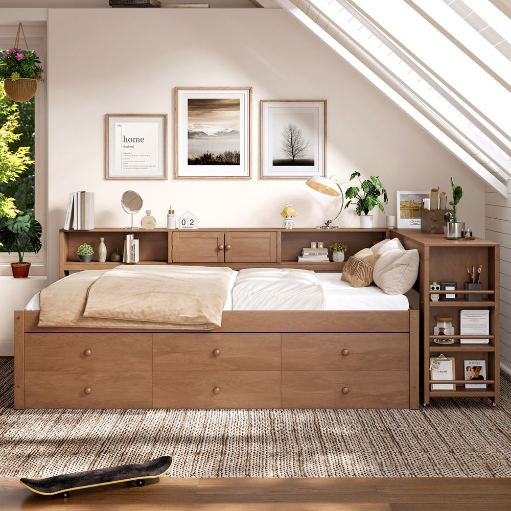 English Elm Twin Daybed Pine Frame with Trundle Desk Hutch Shelves and Storage for Kids Rooms Brown W1580S00459