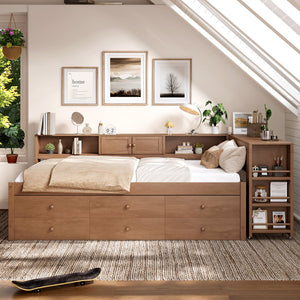 English Elm Twin Daybed Pine Frame with Trundle Desk Hutch Shelves and Storage for Kids Rooms Brown W1580S00459