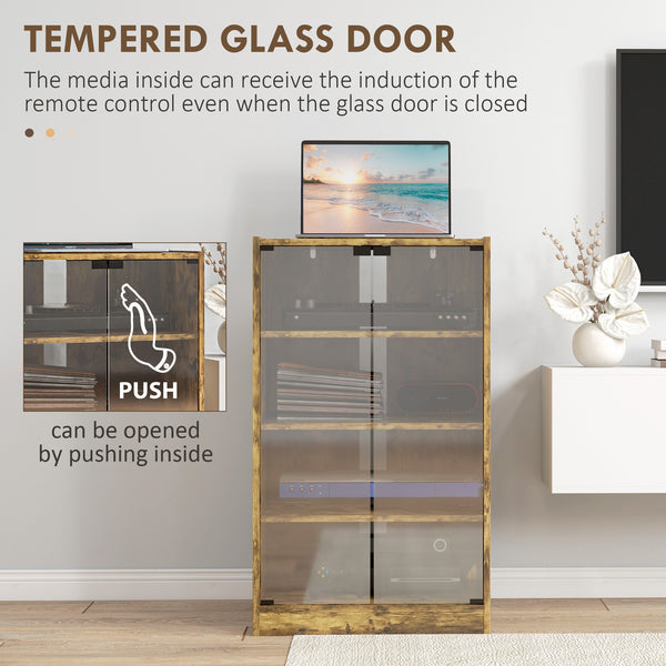 English Elm HOMCOM 4-Tier Media Cabinet with Tempered Glass Doors, Adjustable Shelves, Cable Management, Sleek AV Storage Rustic Brown W2225P200451