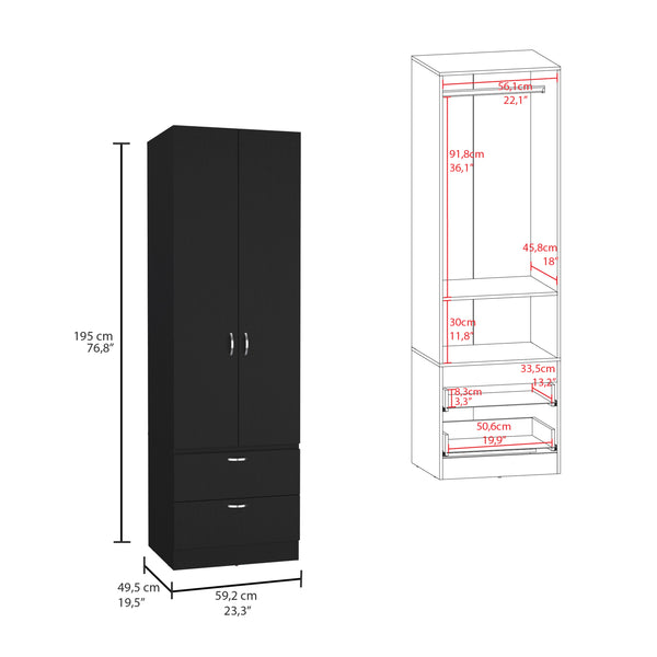 English Elm Vico 76" High Armoire Wardrobe Closet with Hanging Rod, 2 Drawers, Shelves — Black Engineered Wood Organizer B200P188837