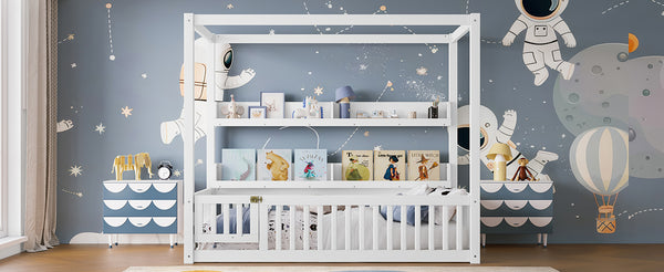 English Elm Twin House Floor Bed with Door and Full-Length Guardrails, Solid Wood Double Twin Floor Bed for Kids' Playful Rooms Light White W1580P359327