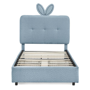 English Elm Twin Kids Boucle Upholstered Bed Rabbit Ear Headboard Led Lighting Four Storage Drawers Navy W1413P384922