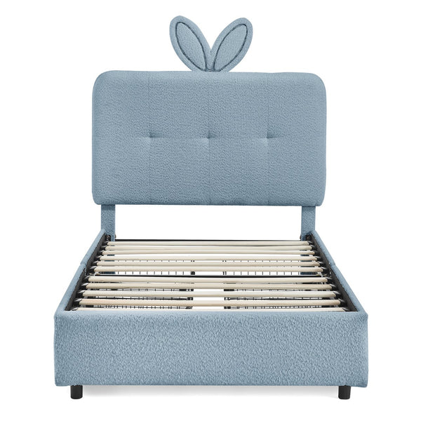 English Elm Twin Kids Boucle Upholstered Bed Rabbit Ear Headboard Led Lighting Four Storage Drawers Navy W1413P384922