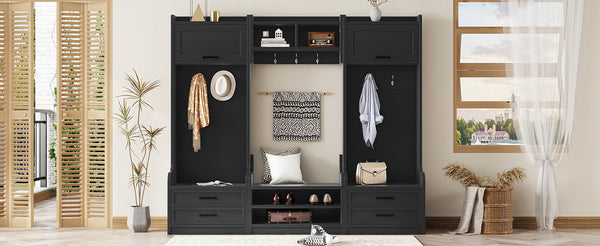 English Elm 4-in-1 Hall Tree with Bench, 7 Hooks, 2 Cabinets & 4 Drawers for Entryway Storage and Seating Black W1580S00089