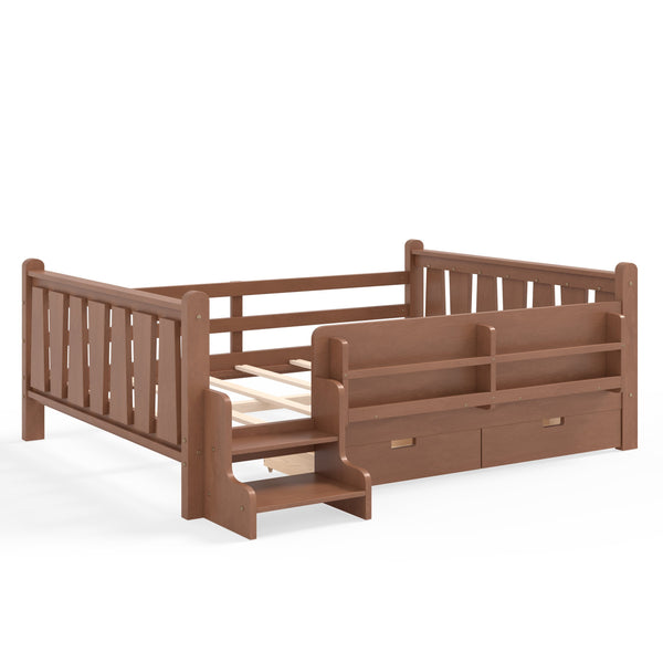 English Elm Twin Kids Platform Bed with Trundle Staircase Bookshelf and Rounded Safety Rails Natural W1580S00540