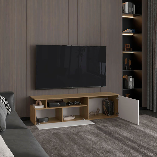 English Elm Tv Stand with Three Open Shelves for Media Storage and Decor, Slim Profile, Eco-Friendly Engineered Wood Natural Wood 68.9 L x 22.05 W x 4.33 H B097P296883