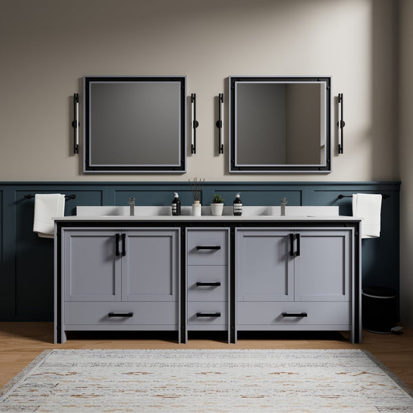 English Elm Dark Grey Double Bath Vanity 84" W x 22" D with White Quartz Top, Soft-Close Drawers & Mirrors B2731S00920
